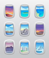 Set of beautiful views of their airplane window. Vector illustration.