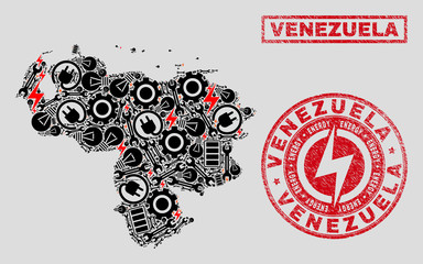 Composition of mosaic power supply Venezuela map and grunge watermarks. Mosaic vector Venezuela map is designed with equipment and innovation elements. Black and red colors used.