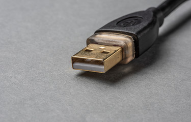 Gold USB-plug on grey background