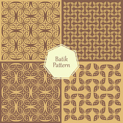 Vector batik abstract floral seamless pattern, ornamental background,   repeat geometric tiles, flower figures, curved lines, grid,   lattice. Elegant monochrome ornament texture. 