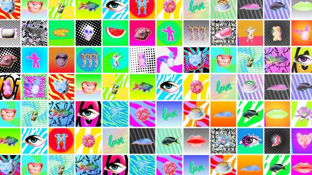 Seamless crazy animation of random printed psychedelic squares with vibrant colors.Creative backdrop art collage grid of slides. Contemporary art collage.
