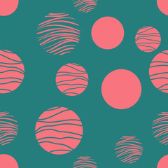 Colorful circles seamless pattern. Geometric background in trendy colors: pale pink, navy blue, mint, coral. Different textures of circles. Design for prints, posters, fabrics, paper packaging