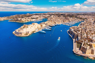 Valletta capital city of Malta. Panorama senglea, Birgu, Kalkara. Aerial top view - obrazy, fototapety, plakaty