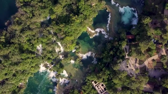 Rising turning drone aerial video footage over Krka National Park waterfalls, Croatia