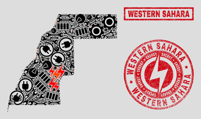 Composition of mosaic power supply Western Sahara map and grunge stamp seals. Collage vector Western Sahara map is created with equipment and electric elements. Black and red colors used.