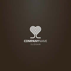 white logo on a black background. simple abstract line art vector logo of heart-shaped crown tree