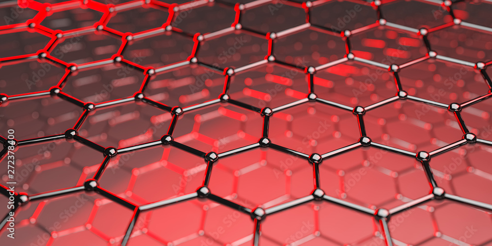 Poster graphene molecular nano technology structure on a red background - 3d rendering