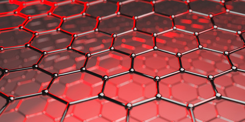 Graphene molecular nano technology structure on a red background - 3d rendering