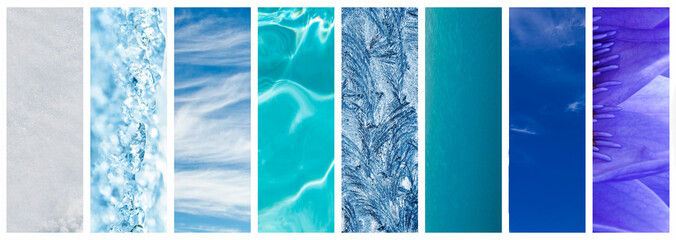 Natural blue gradation panoramic collage, blue color in nature concept