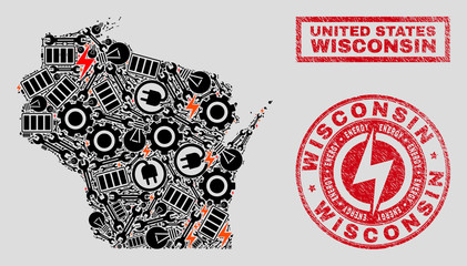 Composition of mosaic power supply Wisconsin State map and grunge watermarks. Mosaic vector Wisconsin State map is composed with service and power icons. Black and red colors used.