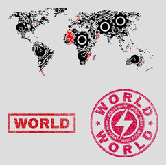 Obraz premium Composition of mosaic electricity world map and grunge seals. Mosaic vector world map is composed with service and power elements. Black and red colors used. Concept for power supply business.