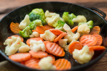 Fresh frozen chopped vegetables - cabbage, carrots in a frying pan. Cooking fried vegetables.