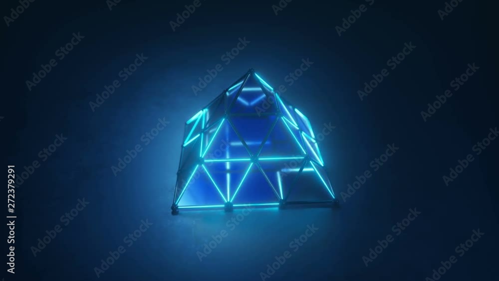 Poster blue glowing pyramid shape. abstract sci-fi concept. 3d render seamless loop animation
