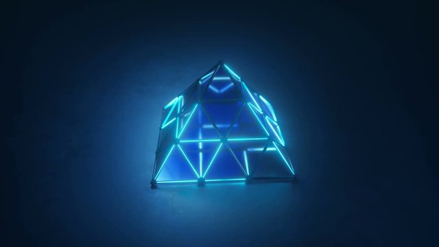 Blue glowing pyramid shape. Abstract sci-fi concept. 3D render seamless loop animation