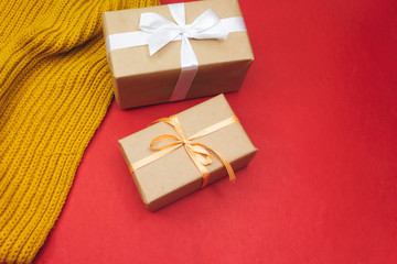 winter scarf and a present boxes for the Christmas, holiday concept