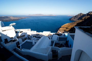 The sea view terrace at luxury hotel, Santorini island, Greece. Romantic vacation by the sea