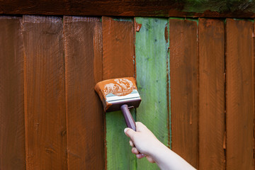 Painting old wooden fence with a brown paint, renovation concept