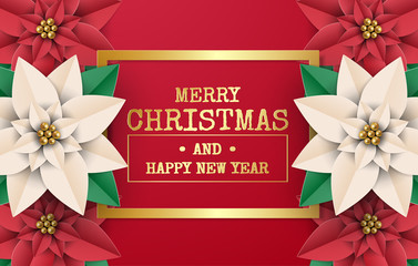 Merry Christmas greeting card, postcard, poster with red and cream poinsettia flowers on red color background. Vector illustration