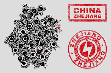 Composition of mosaic power supply Zhejiang Province map and grunge watermarks. Mosaic vector Zhejiang Province map is created with equipment and bulb icons. Black and red colors used.