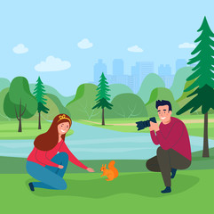 Obraz na płótnie Canvas Girl feeding a squirrel in the forest. Man photographing a girl. Vector flat style illustration