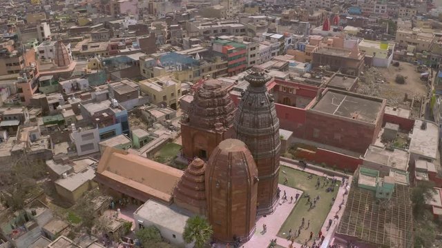 "Madana Mohana" temple in Vrindavan, India, 4k sunrise view aerial during holi festival