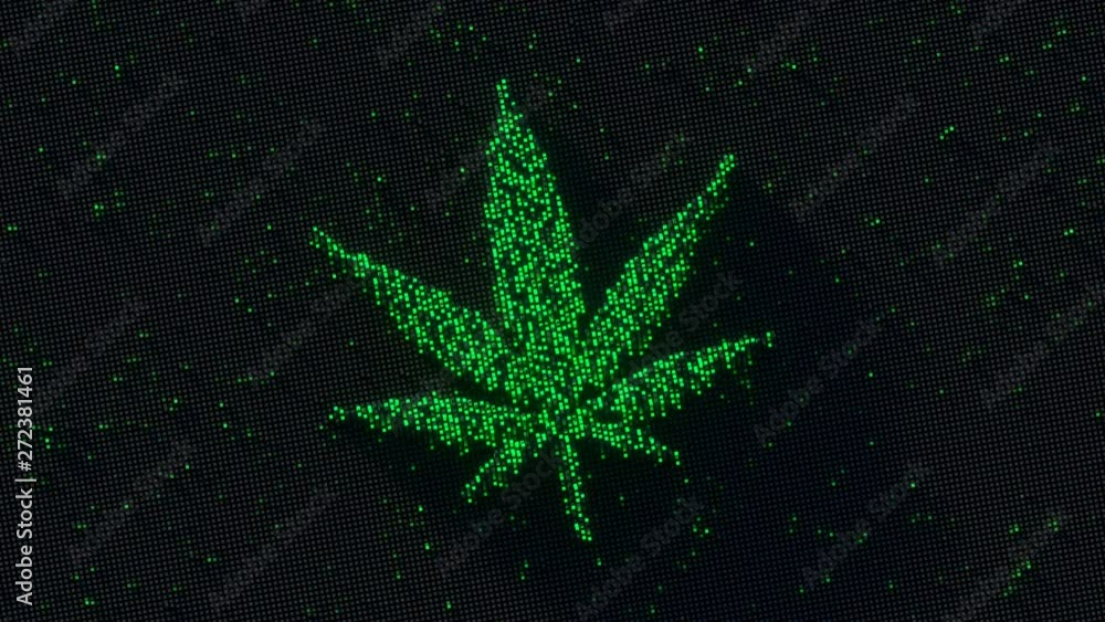 Poster glowing green cannabis leaf shape of pixels. seamless loop 3d render animation