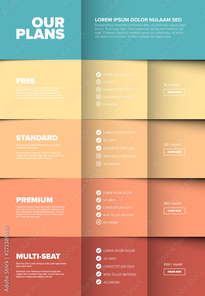 Poster products versions feature and price list table