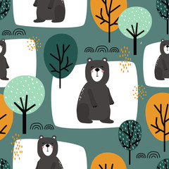 Seamless pattern, bears and trees, hand drawn overlapping backdrop. Colorful background vector. Illustration with animals. Decorative wallpaper, good for printing