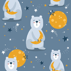 Sleeping bears, hand drawn backdrop. Colorful seamless pattern with animals, moon, stars. Decorative cute wallpaper, good for printing. Overlapping colored background vector. Design illustration. Zzzz