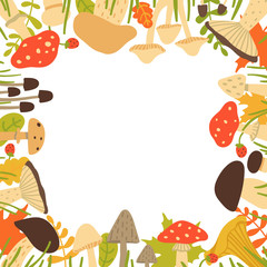 Autumn frame of forest mushrooms, berries and leaves isolated on white background. Vector illustration in cartoon style.