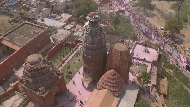 "Madana Mohana" temple in Vrindavan, India, 4k sunrise view aerial during holi festival