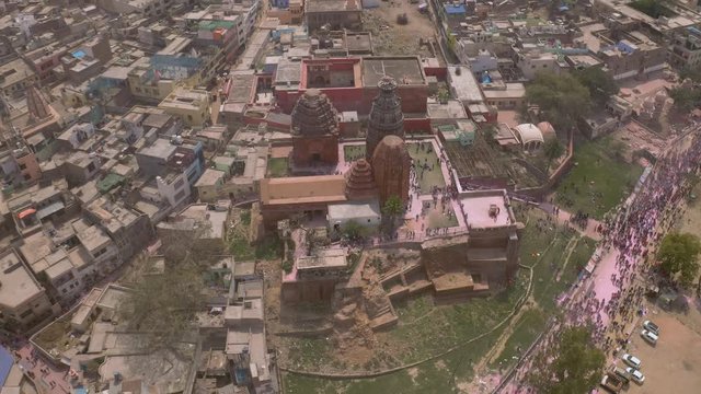 "Madana Mohana" temple in Vrindavan, India, 4k sunrise view aerial during holi festival