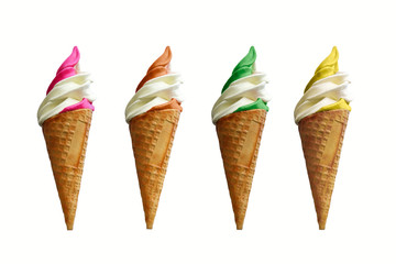 Collection of four soft serve ice creams isolated on white background