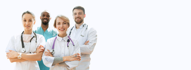 Healthcare people group. Professional male and female doctors posing at hospital office or clinic....