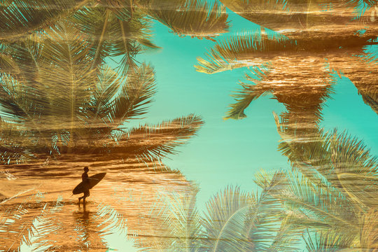 Silhouette of a surfer at sunset, double exposure photography with palm trees - Powered by Adobe