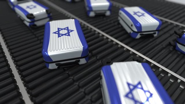 Many travel suitcases featuring flag of Israel on roller conveyor. Israeli tourism conceptual animation