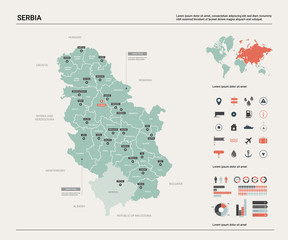 Obraz premium Vector map of Serbia. Country map with division, cities and capital Belgrade. Political map, world map, infographic elements.
