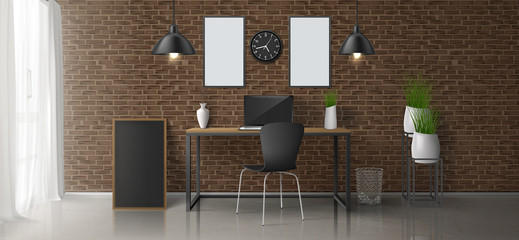 Home workplace, office room 3d realistic vector minimalistic design or loft style interior with laptop on work desk, blank paintings, photo frames on brick wall, hanging lamps, flowerpots illustration © vectorpocket