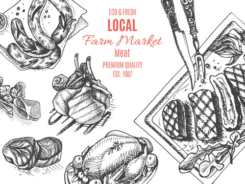 Vector illustration sketch - farm market. Card local meat shop.