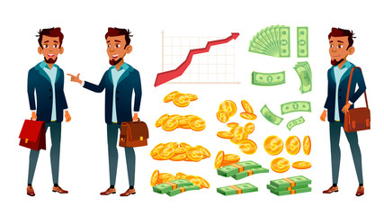 Character Banker And Grow Currency Graphic Vector. Young Businessman Banker In Suit With Case, Red Arrow, Golden Coin And Dollar Banknote Money. Financial Worker Flat Cartoon Illustration