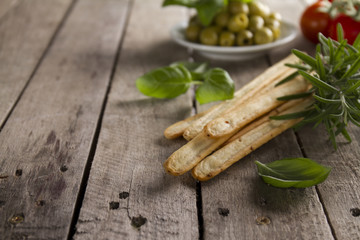 Wooden surface with crusty bread