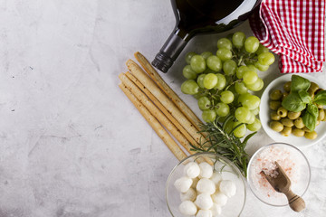 Top view of surface with grapes and other products