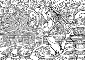 Coloring page for adults, girl samurai in the jump.