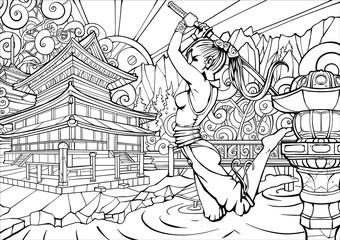 Coloring page for adults, girl samurai in the jump.