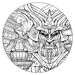 Coloring page for adults, sinister samurai mask.
