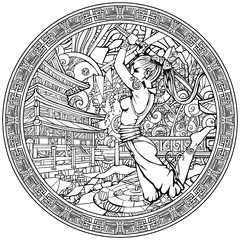 Coloring page for adults, girl samurai in the jump.