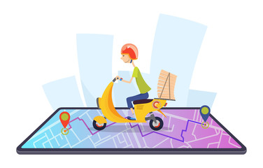 Delivery, the guy on the moped is carrying pizza. Characters. Pizza delivery concept flat design vector illustration.