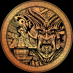 Gold rare coin with the image of a samurai mask