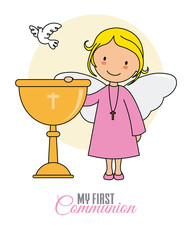 Communion card girl. Angel girl with chalice
