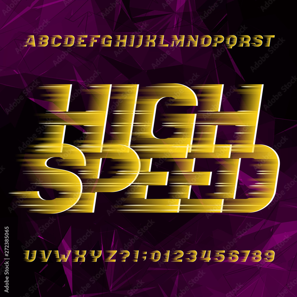 Poster high speed alphabet font. wind effect type letters and numbers on abstract polygonal background. sto